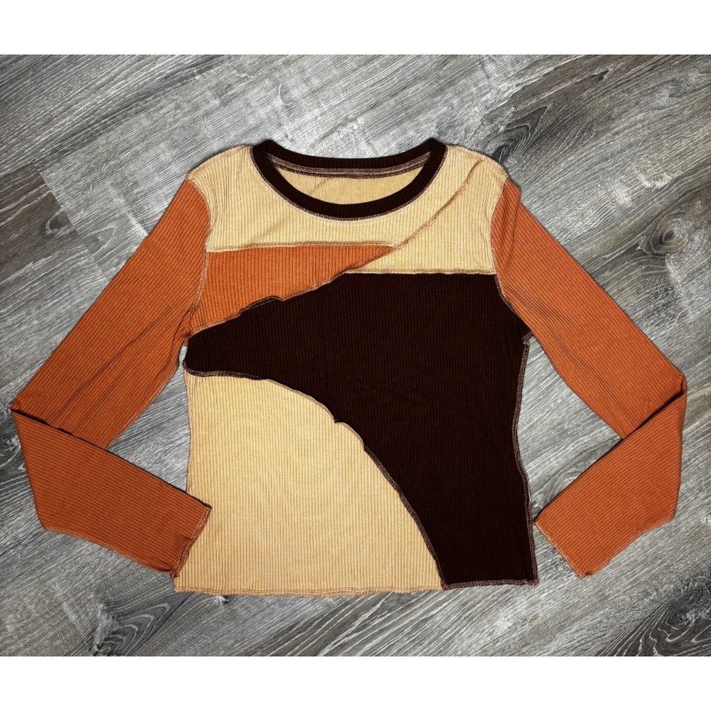 Women's Colorblock Brown Tan‎ Long Sleeve Ribbed Top Exposed Hem Sz Large